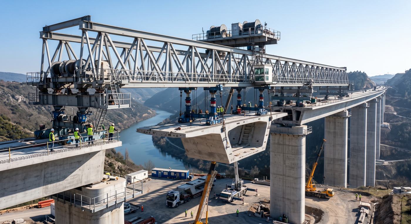 A bridge girder being lifted into place by a launching gantry