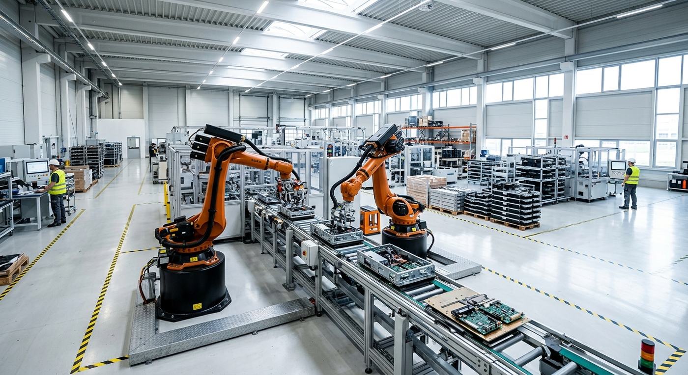 Robotic assembly cell on a manufacturing floor