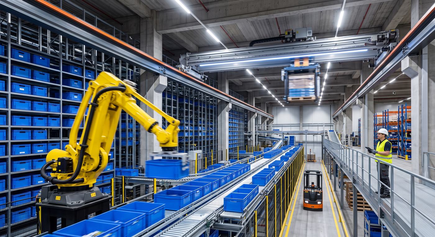 An automated storage and retrieval system running inside a distribution facility