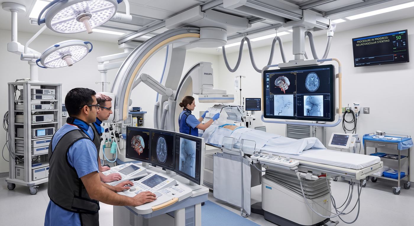 Clinicians operating imaging equipment in a hybrid interventional suite