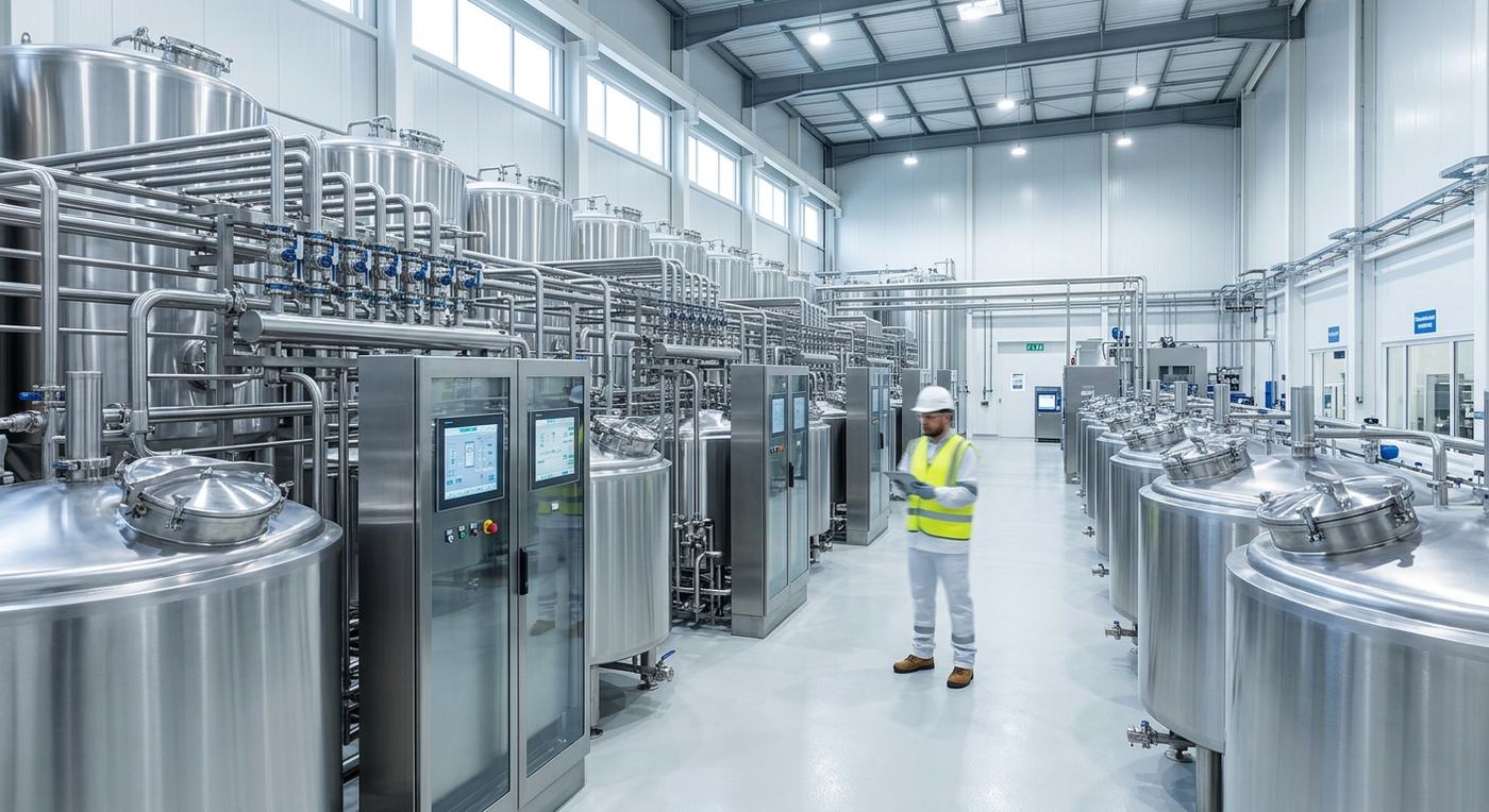 Stainless steel process vessels in a food and pharmaceutical production hall
