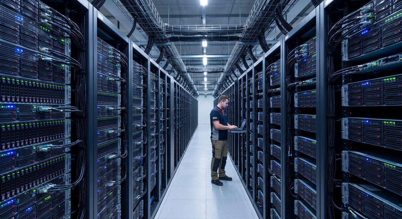 A technician working between rows of servers in a data centre