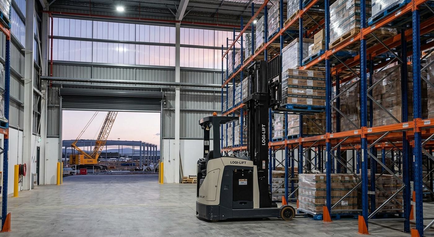 A reach truck in a distribution warehouse with construction visible through the loading door