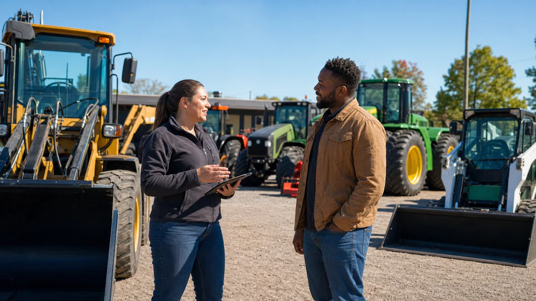 An equipment dealer discussing a purchase with a customer in a machinery yard